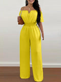 Off Shoulder Shirred Waist Jumpsuit