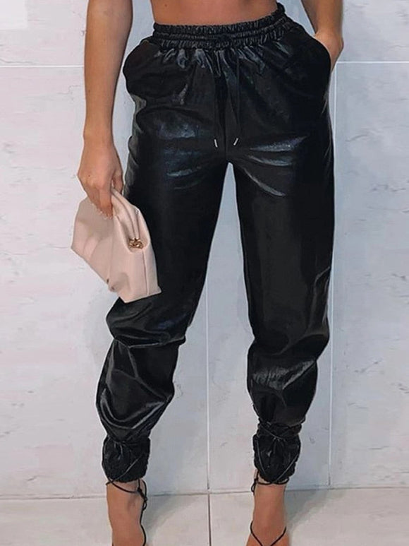 PU Leather Pocket Design Drawstring Casual Pencil Pants