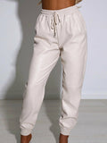 PU Leather Pocket Design Drawstring Casual Pencil Pants Silver Sam