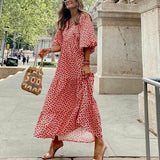 Puff Sleeve Boho Maxi Dress Floral Drawstring V-Neck Loose Holiday