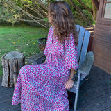 Puff Sleeve Boho Maxi Dress Floral Drawstring V-Neck Loose Holiday