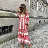 Puff Sleeve Boho Maxi Dress Floral Drawstring V-Neck Loose Holiday