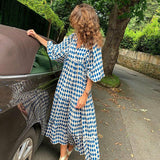 Puff Sleeve Boho Maxi Dress Floral Drawstring V-Neck Loose Holiday