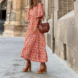 Puff Sleeve Boho Maxi Dress Floral Drawstring V-Neck Loose Holiday