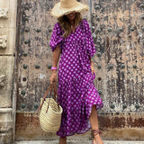 Puff Sleeve Boho Maxi Dress Floral Drawstring V-Neck Loose Holiday