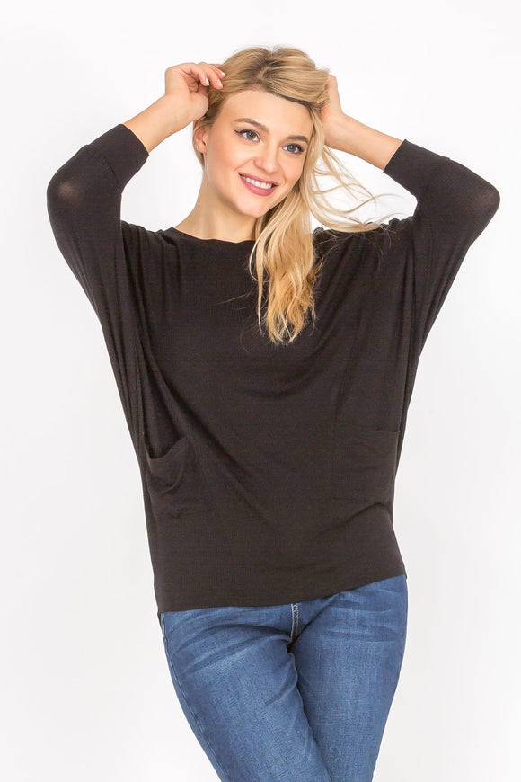 3/4 Sleeve Lightweight Ribbed Dolman Knit Batwing Blouse
