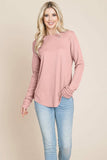 Casual Comfy Knit Waffle Pullover Raw Edge Top Aquamarine Gaia
