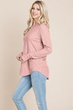 Casual Comfy Knit Waffle Pullover Raw Edge Top Aquamarine Gaia
