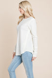 Casual Comfy Knit Waffle Pullover Raw Edge Top Aquamarine Gaia