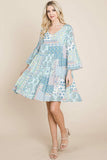3/4 Sleeve Pleated Floral Flowy Boho swing dresses Aquamarine Gaia