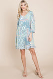 3/4 Sleeve Pleated Floral Flowy Boho swing dresses Aquamarine Gaia