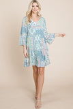 3/4 Sleeve Pleated Floral Flowy Boho swing dresses Aquamarine Gaia