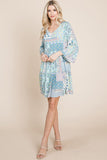 3/4 Sleeve Pleated Floral Flowy Boho swing dresses Aquamarine Gaia