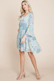3/4 Sleeve Pleated Floral Flowy Boho swing dresses Aquamarine Gaia