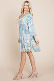 3/4 Sleeve Pleated Floral Flowy Boho swing dresses Aquamarine Gaia