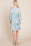 3/4 Sleeve Pleated Floral Flowy Boho swing dresses Aquamarine Gaia