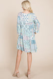 3/4 Sleeve Pleated Floral Flowy Boho swing dresses Aquamarine Gaia