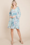 3/4 Sleeve Pleated Floral Flowy Boho swing dresses Aquamarine Gaia