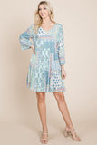 3/4 Sleeve Pleated Floral Flowy Boho swing dresses Aquamarine Gaia