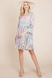 3/4 Sleeve Pleated Floral Flowy Boho swing dresses Aquamarine Gaia