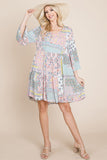 3/4 Sleeve Pleated Floral Flowy Boho swing dresses Aquamarine Gaia