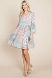 3/4 Sleeve Pleated Floral Flowy Boho swing dresses Aquamarine Gaia