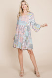 3/4 Sleeve Pleated Floral Flowy Boho swing dresses Aquamarine Gaia