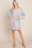 3/4 Sleeve Pleated Floral Flowy Boho swing dresses Aquamarine Gaia