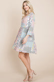 3/4 Sleeve Pleated Floral Flowy Boho swing dresses Aquamarine Gaia