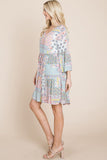 3/4 Sleeve Pleated Floral Flowy Boho swing dresses Aquamarine Gaia