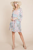 3/4 Sleeve Pleated Floral Flowy Boho swing dresses Aquamarine Gaia