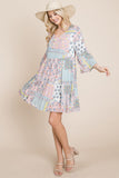 3/4 Sleeve Pleated Floral Flowy Boho swing dresses Aquamarine Gaia