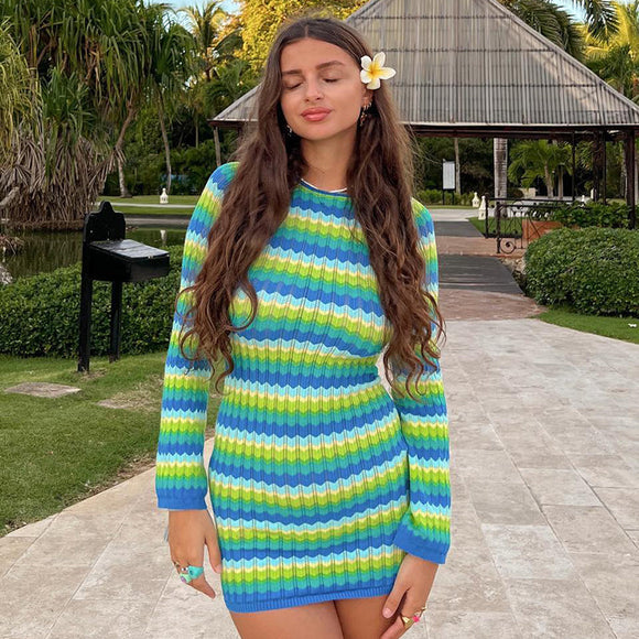 Stripe Print Long Sleeves O Neck Patchwork Mini Dress Silver Sam