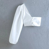 Sexy Solid White Cami Single Sleeve Asymmetric Blouse Top Silver Sam