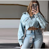Denim Pockets Frayed Hems Cropped Jacket Coat Silver Sam