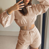 Long Sleeve Hooded Tie Top & Shorts Set Silver Sam