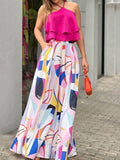 Pattern Print Tops & High Waist Loose Trousers Outfit