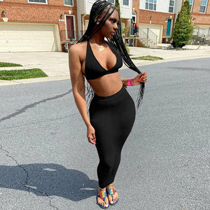 V Neck Black Crop Top And Midi Bodycon Skirts