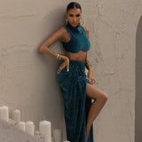 Sleeveless Crop Top & High Waist Slit Ruched Skirt