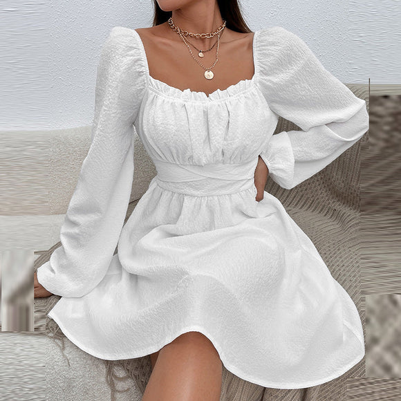 Solid Color Party Dress Summer Sexy Square Collar Beach Dress Silver Sam