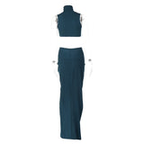 Sleeveless Crop Top & High Waist Slit Ruched Skirt