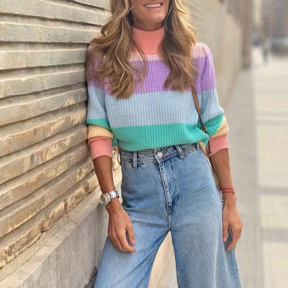 Turtleneck Knitted Sweater Contrast Striped Loose Pullover