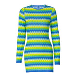 Stripe Print Long Sleeves O Neck Patchwork Mini Dress Silver Sam