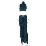 Sleeveless Crop Top & High Waist Slit Ruched Skirt