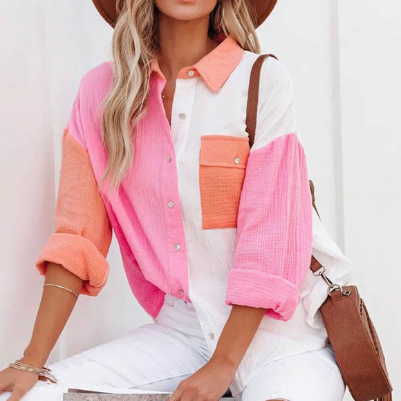 Patchwork Lapel Buttons Blouse Silver Sam