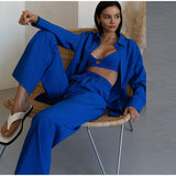 Single-breasted Lapels Long Sleeve Shirt & High Waist Wide Leg Pants