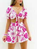 Print Crop V-Neck Short Sleeve Top & Shorts Set Silver Sam