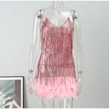 Sequins Tassel Feather Spaghetti Strap Dress Silver Sam