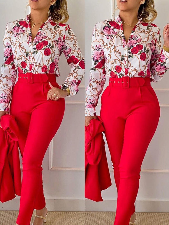 Print Shirt Top & High Waist Pants Set