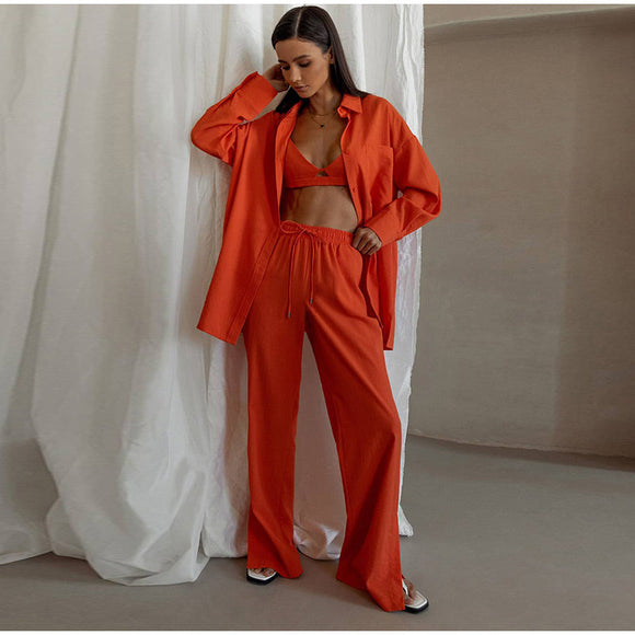 Single-breasted Lapels Long Sleeve Shirt & High Waist Wide Leg Pants